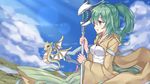  binan_xian_lu blush breasts duel_monster eyebrows_visible_through_hair from_side green_eyes green_hair holding holding_staff large_breasts looking_away open_mouth petit_dragon short_hair short_ponytail smile staff wynn yuu-gi-ou 