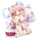  all_fours blush breasts cleavage demon_horns dress eyebrows_visible_through_hair frilled_dress frills horns kuore_timido large_breasts long_hair looking_at_viewer parted_lips pink_eyes pink_hair sukja uchi_no_hime-sama_ga_ichiban_kawaii white_dress 