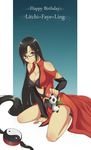  bare_shoulders black_hair blazblue blazblue:_calamity_trigger blazblue:_central_fiction blazblue:_chronophantasma blazblue:_continuum_shift breasts china_dress chinese_clothes cleavage cleavage_cutout doll dress english glasses large_breasts litchi_faye_ling long_hair looking_at_viewer panda simple_background smile solo 