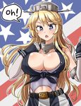  american_flag belt blonde_hair blue_eyes breasts buckle cleavage cowboy_shot elbow_gloves fingerless_gloves flag_background front-tie_top gloves hair_between_eyes headgear iowa_(kantai_collection) kantai_collection large_breasts long_hair miniskirt open_mouth skirt solo star star-shaped_pupils symbol-shaped_pupils thighhighs triangle_mouth yong-gok 