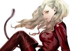  blonde_hair blue_eyes bodysuit boots breasts cat_tail costume from_side hair_ornament hairclip kiyohara_hiro latex long_hair looking_at_viewer medium_breasts persona persona_5 sideways_glance smile solo tail takamaki_anne thigh_boots thighhighs twintails zipper 