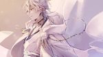  hood japanese_clothes male_focus pom_pom_(clothes) shichimi_(ftlvampire32) smile touken_ranbu tsurumaru_kuninaga white_hair yellow_eyes 