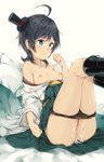  after_sex ahoge black_hair blue_hair breasts cum cum_in_pussy cumdrip hat highres kantai_collection malachite matsukaze_(kantai_collection) nipples panties pussy short_hair small_breasts solo underwear 