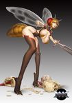  1girl antennae bee_girl blonde_hair breasts brown_legwear brown_leotard cleavage_cutout gradient_background grey_background highleg_leotard insect_wings kww868 large_breasts leaning_forward leotard licking long_tongue monster_girl no_bra original red_eyes revealing_clothes simple_background skindentation skull solo sword thighhighs weapon wings 