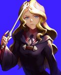  blonde_hair blue_background blue_eyes diana_cavendish eyebrows_visible_through_hair holding holding_wand little_witch_academia long_hair looking_at_viewer mool_yueguang serious solo upper_body wand 