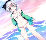  bikini black_ribbon collarbone dutch_angle front-tie_bikini front-tie_top hair_ribbon halter_top halterneck highres jacket konpaku_youmu looking_at_viewer outdoors ribbon ringed_eyes shamuichi short_hair silver_eyes silver_hair smile solo standing string_bikini swimsuit touhou water white_bikini 