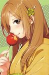  blush candy_apple closed_mouth eyebrows_visible_through_hair fingernails flower food from_side hair_flower hair_ornament hairclip hand_up hands highres holding japanese_clothes kawai_makoto kimono koufuku_graffiti licking_lips light_brown_hair long_hair looking_at_viewer profile sash shiina_(koufuku_graffiti) shiny shiny_hair solo tongue tongue_out translation_request upper_body yellow_eyes yellow_kimono 