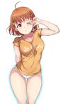  ahoge alp blush braid breasts cameltoe clothes_writing collarbone commentary_request covered_navel hair_ornament love_live! love_live!_sunshine!! medium_breasts no_pants one_eye_closed open_mouth panties red_eyes shiny shiny_hair shiny_skin shirt short_hair simple_background solo t-shirt takami_chika thigh_gap underwear v v_over_eye white_background white_panties 