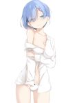  ass_visible_through_thighs bare_shoulders blue_eyes blue_hair breasts cleavage hair_ornament highres looking_at_viewer medium_breasts navel off_shoulder open_clothes open_shirt panties re:zero_kara_hajimeru_isekai_seikatsu rem_(re:zero) shirt short_hair simple_background solo standing underwear vipper_captain white_background white_panties white_shirt x_hair_ornament 