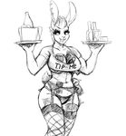  anthro big_breasts black_and_white bottle breasts buckteeth cleavage clothed clothing ear_piercing female fishnet fishnet_legwear hladilnik lagomorph legwear mammal monochrome month piercing plate pro_bun_(hladilnik) rabbit smile teeth 