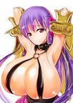  1girl armpits bare_shoulders breasts collar fate/extra fate/extra_ccc fate_(series) female fujikusa gauntlets hair_ornament hair_ribbon hand_behind_head highres huge_breasts long_hair looking_at_viewer o-ring passion_lip purple_hair red_eyes ribbon simple_background solo upper_body very_long_hair weapon white_background 