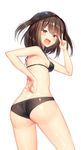  ass bikini black_bikini blush breasts brown_eyes brown_hair cowboy_shot fang finger_to_face hand_on_hip highres kantai_collection looking_at_viewer looking_back medium_breasts ntk_(7t5) open_mouth sendai_(kantai_collection) shiny shiny_clothes shiny_hair shiny_skin short_hair sideboob simple_background solo swimsuit two_side_up v white_background 