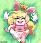  2017 ahegao anthro blush clothing cosplay cum digital_media_(artwork) duo female looking_pleasured male male/female mammal mario_bros nintendo open_mouth penis princess_peach pussy rabbid somescrub teeth tongue video_games what why 