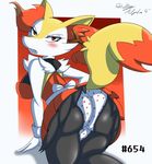  2016 angry anthro black_fur blush braixen butt canine clothing dalley-the-alpha dress fangs female fur gloves kneeling looking_at_viewer mammal multicolored_fur nintendo panties pok&eacute;mon presenting presenting_hindquarters raised_skirt red_background red_eyes red_fur simple_background solo stick underwear video_games white_fur yellow_fur 