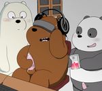  balls bear blush brown_fur cartoon_network censored desk erection feral fur grizzly_(wbb) grizzly_bear group headphones ice_bear inside japanese_text male mammal open_mouth panda_(wbb) penis phone polar_bear precum sweat tapering_penis text virtual_reality we_bare_bears white_fur window すべ 