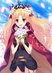  :d bangs black_leotard blonde_hair blue_sky blush bouquet bow breasts cape commentary_request cowboy_shot day earrings ereshkigal_(fate/grand_order) fate/grand_order fate_(series) flower glowing groin hair_bow hair_flower hair_ornament highres holding holding_bouquet jewelry kaina_(tsubasakuronikuru) leotard long_hair looking_at_viewer open_mouth outdoors parted_bangs petals red_bow red_cape red_eyes round_teeth sky small_breasts smile solo standing teeth tiara two_side_up very_long_hair 