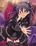  antenna_hair artist_request bangs black_hair blue_eyes bow center_frills couch curtains earrings embarrassed fang frills ganaha_hibiki gothic_lolita hair_bow idolmaster idolmaster_(classic) idolmaster_million_live! idolmaster_million_live!_theater_days jewelry lace lace-trimmed_thighhighs lolita_fashion long_hair looking_at_viewer official_art outstretched_hand ponytail ribbon solo thighhighs too_many too_many_frills 
