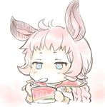  ahoge animal_ears blue_eyes braid cape colorized commentary_request eating erune esser granblue_fantasy hoshikuzushi long_hair lowres pink_hair solo spoon two-tone_background 