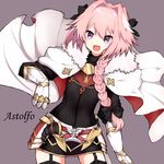  astolfo_(fate) braid cape character_name fate/apocrypha fate/grand_order fate_(series) garter_straps gauntlets hair_ribbon long_hair male_focus pink_hair purple_eyes ribbon single_braid smile solo takae_(poupee_en_biscuit) thighhighs 