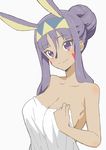  absurdres animal_ears bare_shoulders breasts cleavage closed_mouth covering donguri_suzume eyebrows_visible_through_hair eyeliner facial_mark fake_animal_ears fate/grand_order fate_(series) grey_background hair_between_eyes hair_bun highres jackal_ears large_breasts makeup nitocris_(fate/grand_order) nude_cover purple_eyes purple_hair sidelocks simple_background solo towel 