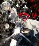  asymmetrical_hair bangs black_legwear blue_eyes bug butterfly closed_mouth commentary cruel_gz dress dutch_angle flower glint gloves grey_hair hair_between_eyes highres holding holding_sword holding_weapon insect looking_at_viewer petals red_flower sidelocks silver_hair sinoalice snow_white_(sinoalice) solo standing sword thighhighs tied_hair weapon white_dress white_gloves 