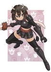  american_bison_(kemono_friends) animal_ears armor armored_boots bison boots brown_hair full_body gauntlets gloves highres horn_lance horns japari_symbol kemono_friends momosuke_(ishakry) polearm short_hair solo spear tail thighhighs weapon 
