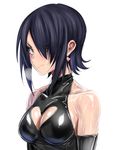  &gt;:( alternate_costume bare_shoulders black_hair blush breasts breath cleavage cleavage_cutout closed_mouth commentary_request earrings frown hair_over_one_eye heart_cutout heart_lock_(kantai_collection) jewelry kantai_collection latex looking_at_viewer medium_breasts shiny shiny_clothes short_hair sidelocks skin_tight sleeveless sleeveless_turtleneck solo sweat tenryuu_(kantai_collection) turtleneck ulrich_(tagaragakuin) v-shaped_eyebrows yellow_eyes 