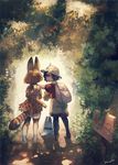  artist_name backpack bag black_hair brown_hair commentary_request ears from_behind hanako151 hat kaban_(kemono_friends) kemono_friends lucky_beast_(kemono_friends) multiple_girls pantyhose pantyhose_under_shorts serval_(kemono_friends) short_hair shorts signpost smile tail tree 