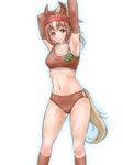  animal_ears armpits arms_up ass_visible_through_thighs blush breasts bridle brown_hair brown_sports_bra buruma chestnut_thoroughbred_(kemono_friends) collarbone cowboy_shot eyebrows_visible_through_hair highres horse_ears horse_girl horse_tail japan_racing_association kemono_friends logo looking_at_viewer losmal_indicus medium_breasts multicolored_hair navel outstretched_arm pink_eyes short_hair simple_background smile solo sports_bra sportswear standing sweat tail track_uniform white_background white_hair 