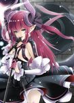  blue_eyes commentary_request dragon_girl dragon_tail elizabeth_bathory_(fate) elizabeth_bathory_(fate)_(all) fate/apocrypha fate/extra fate/extra_ccc fate_(series) highres horns long_hair looking_at_viewer microphone microphone_stand oku_hideki pointy_ears red_hair solo tail 