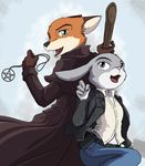  2017 abstract_background anthro back_to_back canine clothed clothing cosplay dipstick_ears disney duo female fox fully_clothed fur green_eyes grin gun handgun holding_object holster jacket jewelry judy_hopps kurapika lagomorph looking_at_viewer male mammal necklace nick_wilde open_mouth pentacle pistol purple_eyes rabbit ranged_weapon smile staff trenchcoat weapon zootopia 