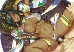  1girl abs alternate_costume armlet armpits ass_visible_through_thighs bangs bare_shoulders black_hair black_panties bracelet breasts breasts_apart brown_lipstick chinese cian_yo clothed_sex dark_skin egyptian egyptian_clothes eye_of_horus facial_mark facial_tattoo fingernails forehead_jewel from_above hair_tubes hetero highleg highleg_panties highres jewelry large_breasts leg_grab lipstick long_fingernails looking_at_viewer lying makeup male_pubic_hair missionary navel nipples on_back open_mouth overwatch panties penis pharah_(overwatch) pubic_hair revealing_clothes scan sex short_hair side_braids skindentation solo_focus source_request spread_legs stomach sweat swept_bangs tattoo translated uncensored underwear vaginal 