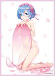  ayamy blue_eyes blue_hair breasts cherry_blossoms covering covering_breasts flower groin head_wreath highres kneeling medium_breasts navel nude open_mouth oversized_object petals re:zero_kara_hajimeru_isekai_seikatsu rem_(re:zero) see-through see-through_silhouette short_hair 