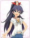 animal animal_on_head antenna_hair artist_request bangs black_hair blue_eyes bow cross-laced_clothes earrings fang ganaha_hibiki hair_bow hamster hamuzou hand_on_hip idolmaster idolmaster_(classic) idolmaster_million_live! idolmaster_million_live!_theater_days jewelry long_hair looking_at_viewer midriff necklace official_art on_head open_mouth ponytail short_sleeves shorts smile solo very_long_hair 