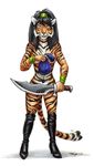  boots clothing feline female footwear hair mammal megan_giles melee_weapon pouch sword tiger weapon 