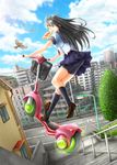  ash_(bgash0207) black_hair blue_skirt blush flying_vehicle food food_in_mouth hover_bike kick_scooter lamppost long_hair looking_away mouth_hold one_eye_closed original parted_lips railing skirt smile stairs teeth toast toast_in_mouth yellow_eyes 