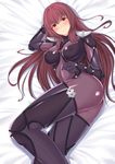  ass blush breasts brown_hair closed_mouth eyebrows_visible_through_hair fate/grand_order fate_(series) highres large_breasts long_hair looking_at_viewer lying on_side red_eyes scathach_(fate)_(all) scathach_(fate/grand_order) shukurimu solo 