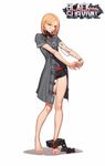  1girl barefoot black_survival blood chained chains ear_piercing feet full_body highres one_touch piercing short_hair short_sleeves shorts stretch tag white_background 