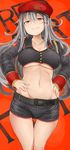  absurdres ass_visible_through_thighs belt beret blush breasts cleavage command_and_conquer gangut_(kantai_collection) grey_hair groin hair_between_eyes hammer_and_sickle hands_on_hips hat highres kantai_collection large_breasts long_hair midriff natasha_volkova navel okiraku_nikku red_background red_eyes short_shorts shorts smirk solo thigh_gap thighs underboob 