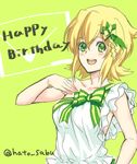  akatsuki_kirika asymmetrical_clothes bare_shoulders blonde_hair blush bow breasts collarbone commentary_request dress eyebrows_visible_through_hair green_bow green_eyes hair_between_eyes hair_bow hair_ornament happy_birthday looking_at_viewer medium_breasts open_mouth senki_zesshou_symphogear short_hair smile solo teeth text_focus touyama_sabu twitter_username upper_body x_hair_ornament 