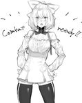  ahoge bare_shoulders blush bow breasts cleavage commentary_request english greyscale hair_bow hands_on_hips highres medium_breasts monochrome open_mouth penny_polendina rwby short_hair skindentation solo suiso_rwby thighhighs thighs wide_sleeves zettai_ryouiki 