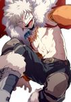  :d abs bakugou_katsuki bare_chest belt boku_no_hero_academia boots cape earrings fur_trim jewelry looking_at_viewer male_focus maneki-neko_(fujifuji) navel necklace open_mouth pants red_eyes shirtless silver_hair simple_background smile spiked_hair stomach teeth white_background wide-eyed 