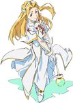  1girl blonde_hair blue_eyes breasts dress gloves headgear long_hair mint_adenade shoes smile staff tales_of_(series) tales_of_phantasia weapon 