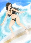  :d absurdres bad_id bad_pixiv_id barefoot bikini black_bikini breasts green_eyes green_kaminari highres idolmaster idolmaster_cinderella_girls large_breasts long_hair mukai_takumi ocean open_mouth side-tie_bikini smile solo surfboard surfing swimsuit water 