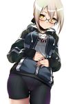  artoria_pendragon_(all) bangs bike_shorts black-framed_eyewear blonde_hair blush breasts closed_mouth commentary_request cowboy_shot fate/grand_order fate_(series) glasses gym_uniform hair_between_eyes hands_on_own_stomach highres hood hooded_track_jacket jacket looking_at_viewer medium_breasts mysterious_heroine_x_(alter) name_tag partially_unzipped platinum_blonde_hair semi-rimless_eyewear shimejinameko shiny shiny_hair shirt sidelocks simple_background solo thighs track_jacket under-rim_eyewear white_background white_shirt yellow_eyes 