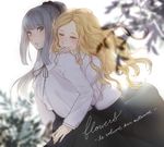  bangs blonde_hair blush chiyo_(min0yoko) closed_eyes closed_mouth copyright_name eyebrows_visible_through_hair flower flowers_(innocent_grey) grey_hair hair_flower hair_ornament komikado_nerine long_hair multiple_girls parted_lips ponytail ribbon school_uniform smile text_focus yatsushiro_yuzuriha yuri 