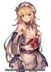  androgynous apron artist_name bangs bare_shoulders blonde_hair blue_eyes blush bow chevalier_d'eon_(fate/grand_order) commentary cowboy_shot d: detached_collar dress eyebrows_visible_through_hair fate/grand_order fate_(series) flower frilled_dress frills hair_flower hair_ornament hairband long_hair looking_at_viewer nipples off_shoulder open_mouth otoko_no_ko patreon_username pink_ribbon red_bow redcomet ribbon simple_background solo standing undressing very_long_hair watermark web_address white_background 