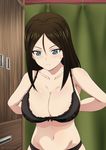  adjusting_bra adjusting_clothes arms_behind_back bangs bare_shoulders black_bra black_hair black_panties blue_eyes bra breasts cleavage closed_mouth closet collarbone curtains expressionless girls_und_panzer hair_between_eyes indoors inoshira lace lace-trimmed_bra large_breasts long_hair looking_down navel nonna panties parted_bangs shiny shiny_hair shiny_skin sidelocks solo sweatdrop twitter_username underwear underwear_only 