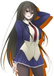  :d amou_kirukiru arm_behind_head black_hair black_legwear busou_shoujo_machiavellism highres long_hair looking_at_viewer necktie open_mouth pantyhose pleated_skirt skirt smile solo very_long_hair yuuki_sudachi 