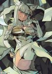  bangs blue_eyes blunt_bangs breasts crossed_legs elbow_gloves eric_muentes gloves granblue_fantasy grin hair_ornament head_tilt korwa large_breasts long_hair looking_at_viewer quill silver_eyes silver_hair sitting smile solo thighhighs thighs 